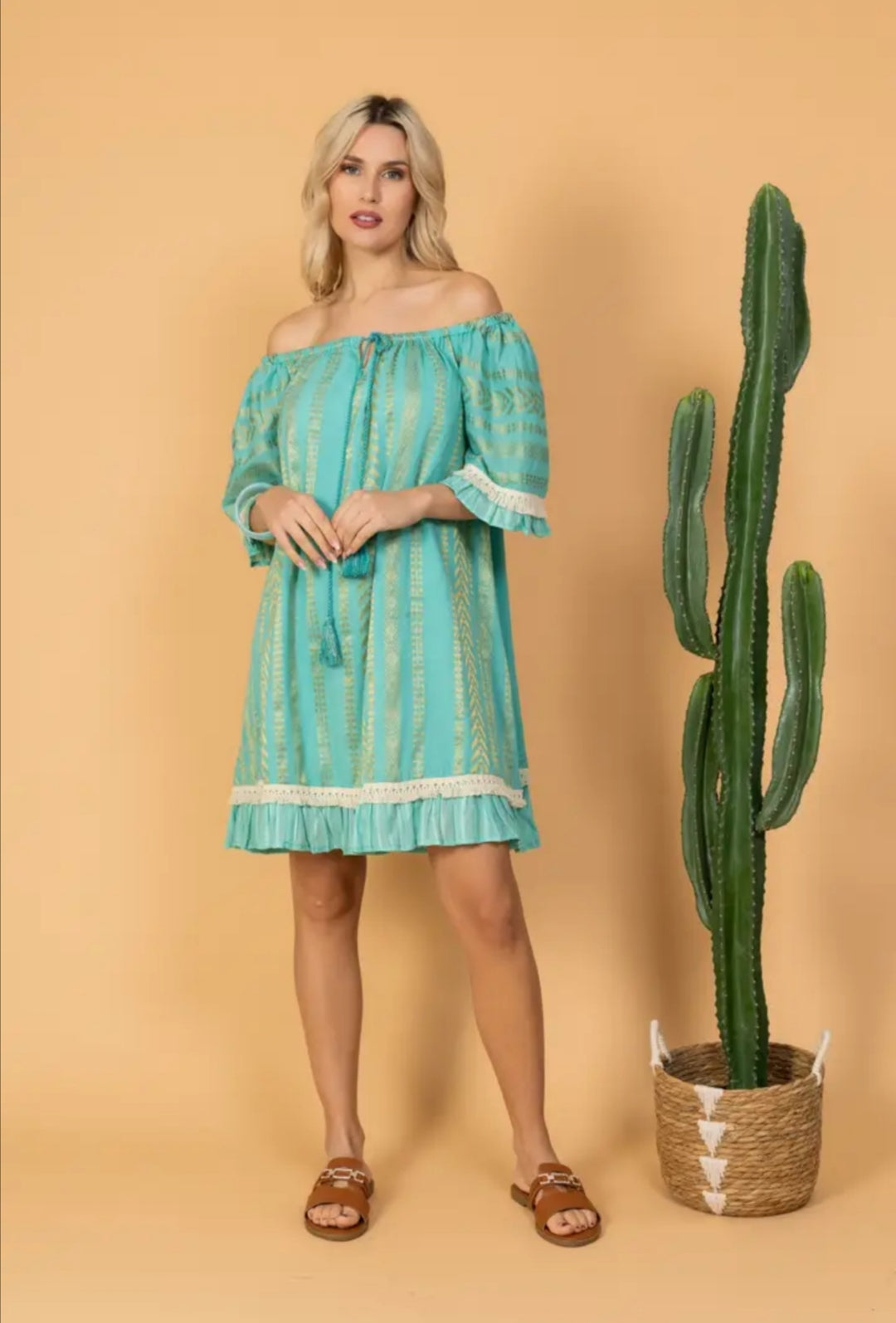 Robe bohème turquoise - Imprimé doré - 100% coton