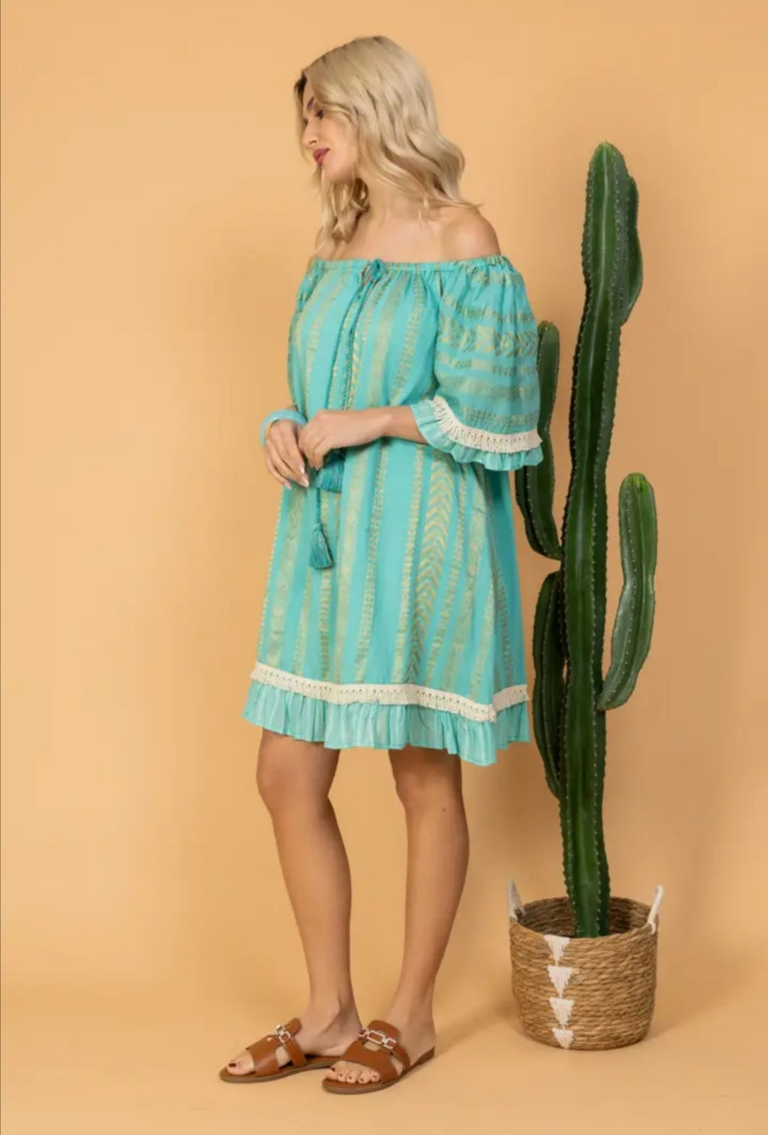 Robe bohème turquoise - Imprimé doré - 100% coton