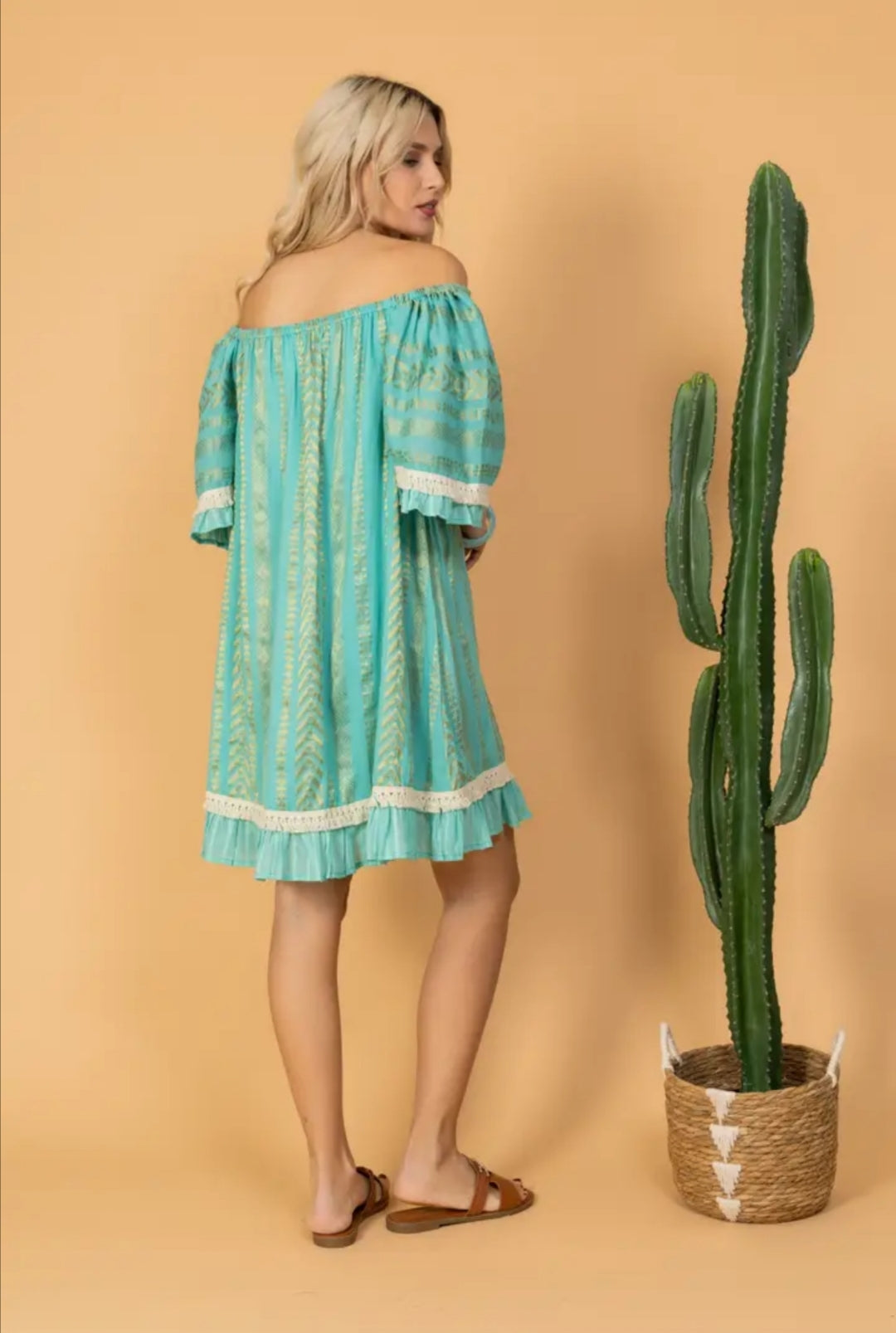 Robe bohème turquoise - Imprimé doré - 100% coton