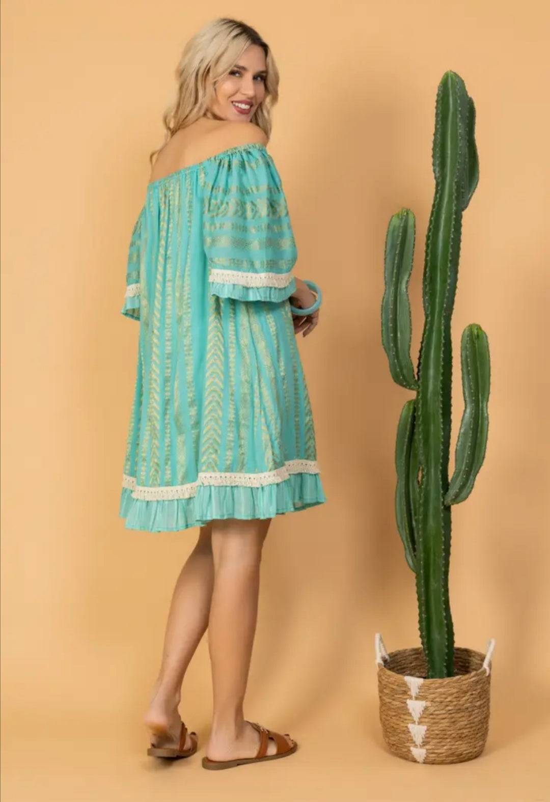 Robe bohème turquoise - Imprimé doré - 100% coton