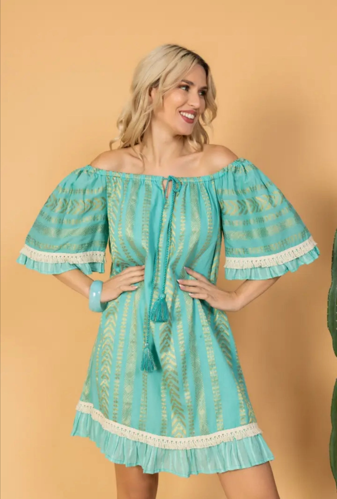 Robe bohème turquoise - Imprimé doré - 100% coton
