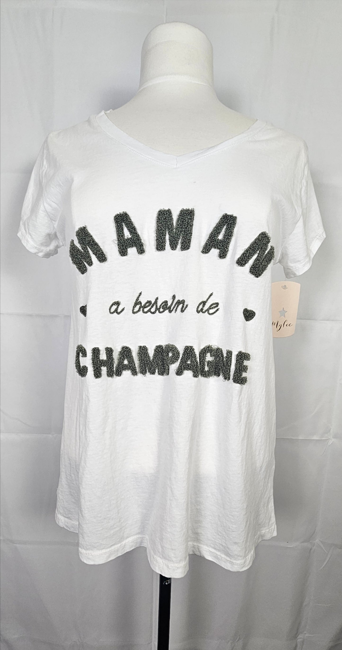 T-shirt brodé "Maman a besoin de champagne" - Made in Italy - 100% coton