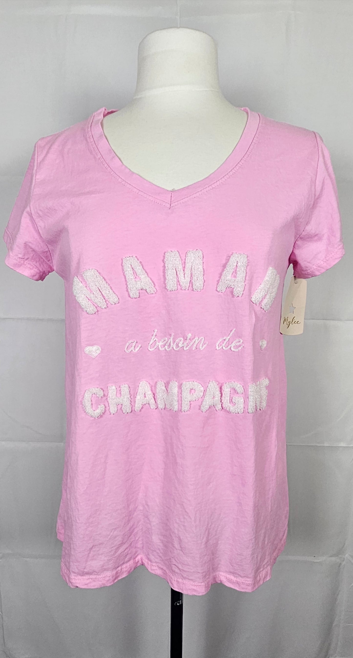 T-shirt brodé "Maman a besoin de champagne" - Made in Italy - 100% coton