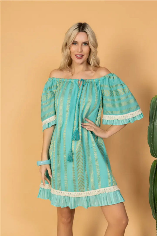 Robe bohème turquoise - Imprimé doré - 100% coton
