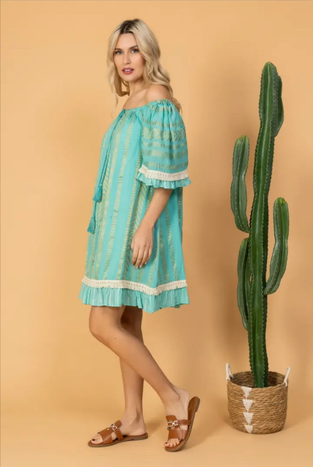 Robe bohème turquoise - Imprimé doré - 100% coton