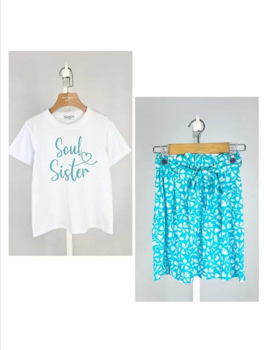 Ensemble fille - T shirt "Soul Sister" et jupe fleurie turquoise