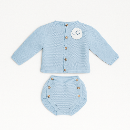 Coffret bébé - Ensemble tricoté (veste + cache-couche) - Bleu ou rose